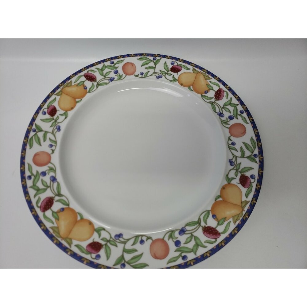 Dansk Fiance Fruits Dinner Plate 11 inch Blue Trim Peaches Pears Strawberries
